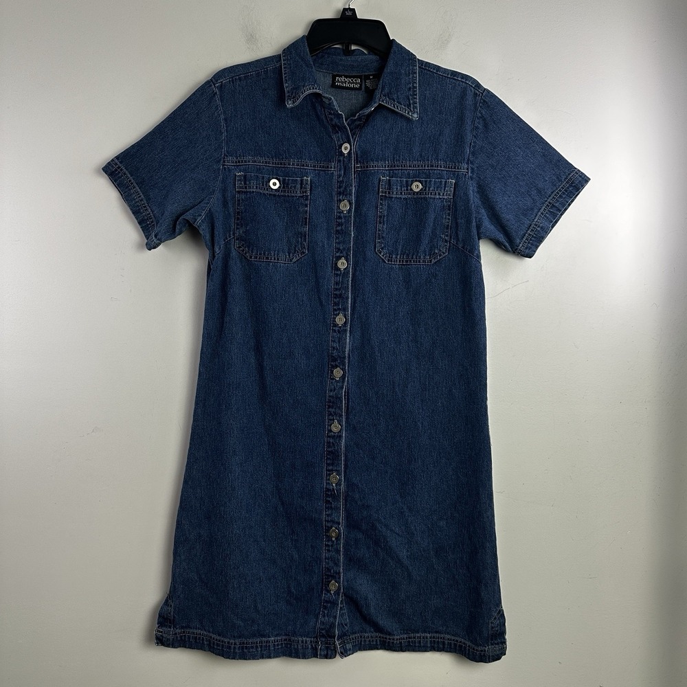 Vintage Y2K Blue Denim Button Dress Women's 10 Cap Sleeve Button Front Western